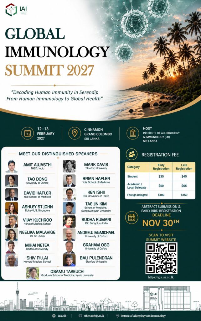 Global Immunology Summit 2027 poster announcing the international immunology conference in Colombo, Sri Lanka, on 12–13 February 2027